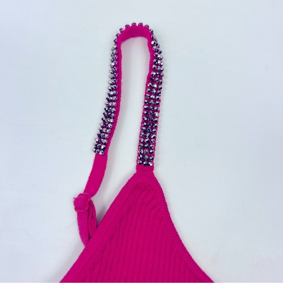 Guess Rhinestone Thong Bodysuit With Rhinestone Straps Rose Fuchsia Pink S NWT - Picture 6 of 13